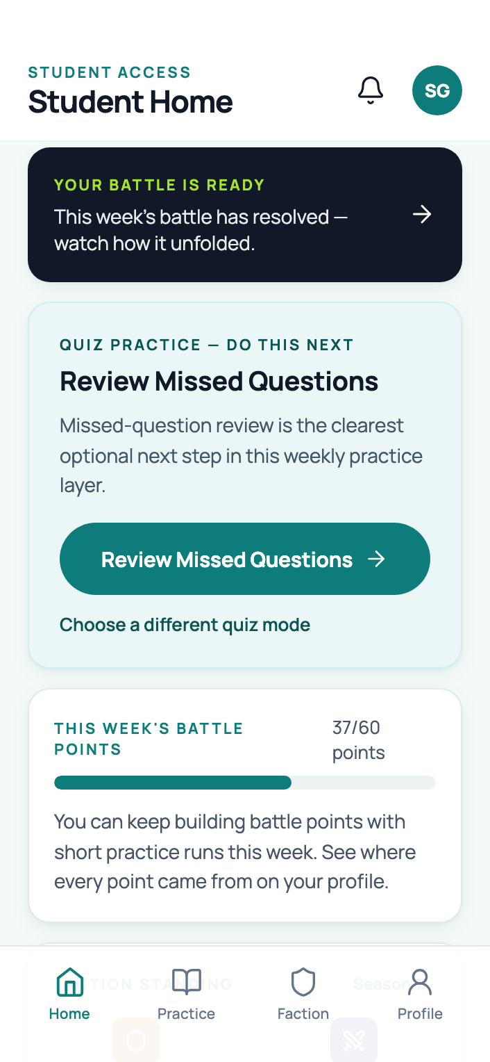 The Battle Tested student app showing this week's recommended practice and faction standing